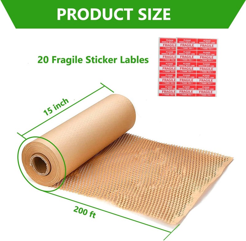 liirro Honeycomb Packing Paper,15" x 200' Bubble Cushioning Wrap Roll for Moving Shipping Packaging Gifts, Recyclable Cushioning Paper Moving Packing Supplies Protective Roll with 20 Fragile Sticker Labels - Image 2